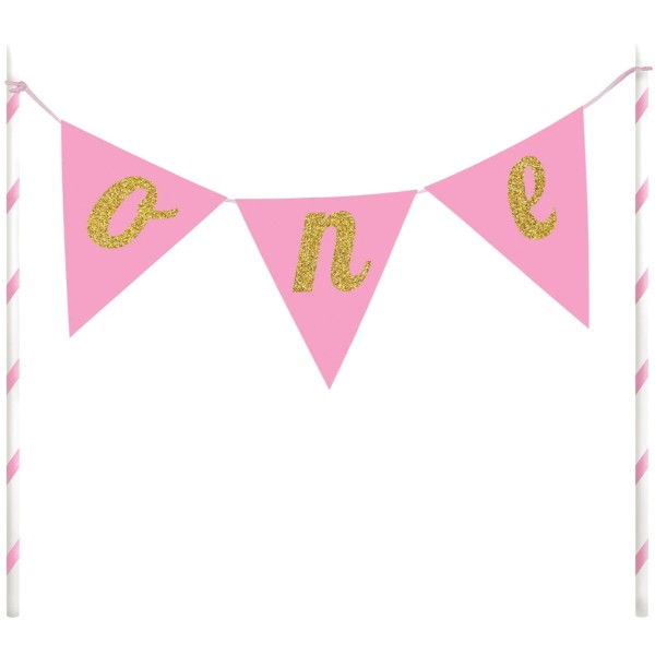 Tortendekoration "Wimpelkette", Pink und Gold, 23 cm, One