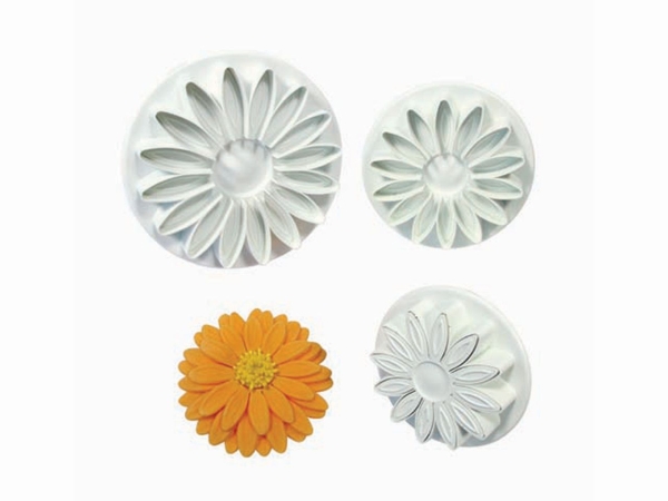 3 Fondant-Ausstecher mit Auswerfer Sonnenblume, Daisy, Dahlie, 4,5 - 7,0 cm