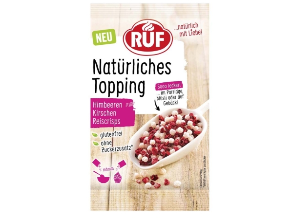 RUF Natürliches Topping - Himbeeren, Kirschen und Reiscrisps 15g