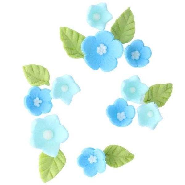 Zuckerblumen "Blaue Blumen", 16 Stück (6 Designs), Hellblau & Grün, 1,5-2,5 cm, Culpitt