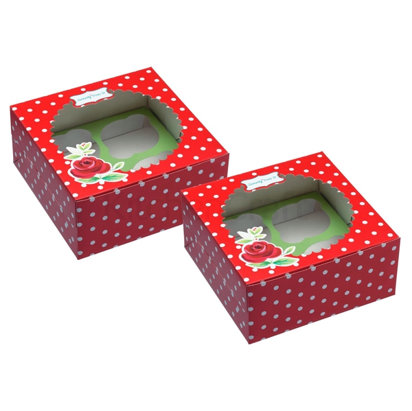 Kitchen Craft Cupcake Box für 4 Cupcakes, vintage rose, rot, 2er Set