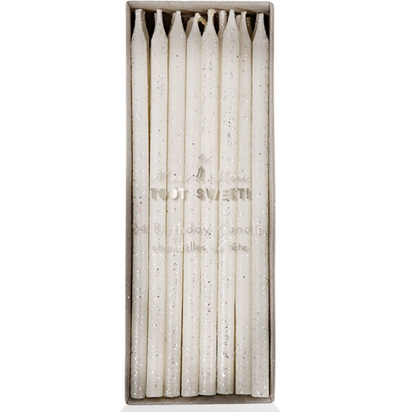 Meri Meri Geburtstagskerzen Weiß mit Glitzer, 24 Stück, 15 cm