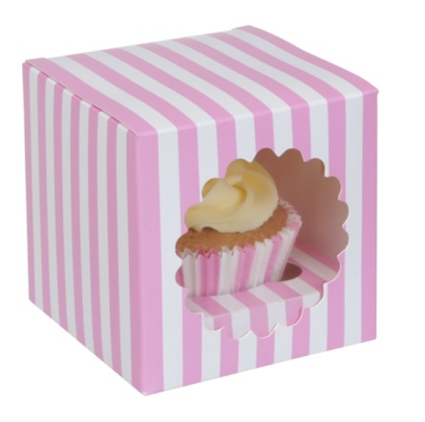 HoM Cupcake Box für 1 Cupcake, rosa, weiß, gestreift