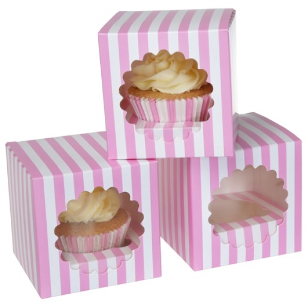 HoM Cupcake Box für 1 Cupcake, rosa, weiß, gestreift, 3 Stück
