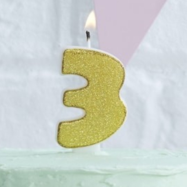 Tortenkerze mit Glitzer, Zahl "3", Gold