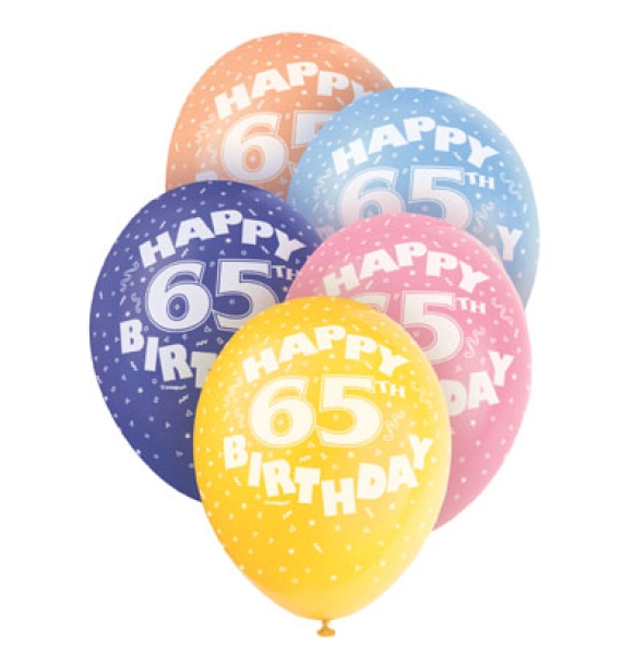 5 Party Luftballons mit Zahl '65', 30 cm