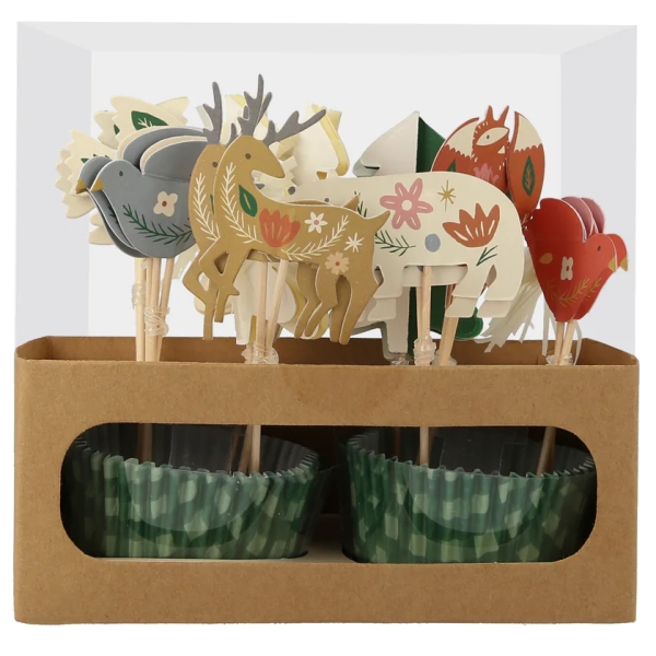 Meri Meri Cupcake-Set "Woodland", 24 Papierförmchen und 24 Picker