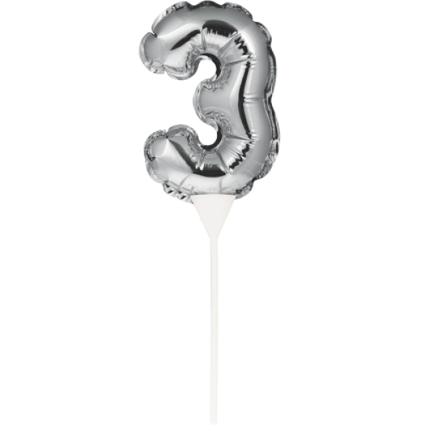 Ballon-Topper "Zahl 3", Silber, 13 cm