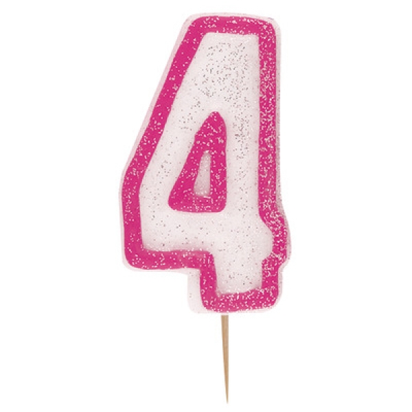 Geburtstagskerze, glitzer pink, rosa, '4'