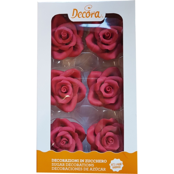 Zuckerblüten "Rote XL-Rosen", 6 Stück, Dunkelrot, handgefertigt, 5 cm, Decora