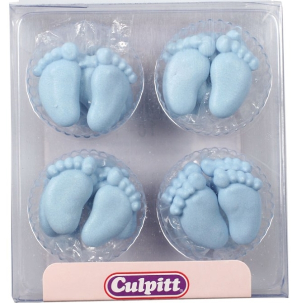Zuckerdekor "Babyfüße", 10 Stück, Hellblau/Babyblau, handgespritzt, 2,4 cm, Culpitt