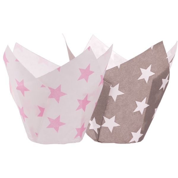 Tulpen Cupcakes Muffinförmchen Pink/Grau Sterne