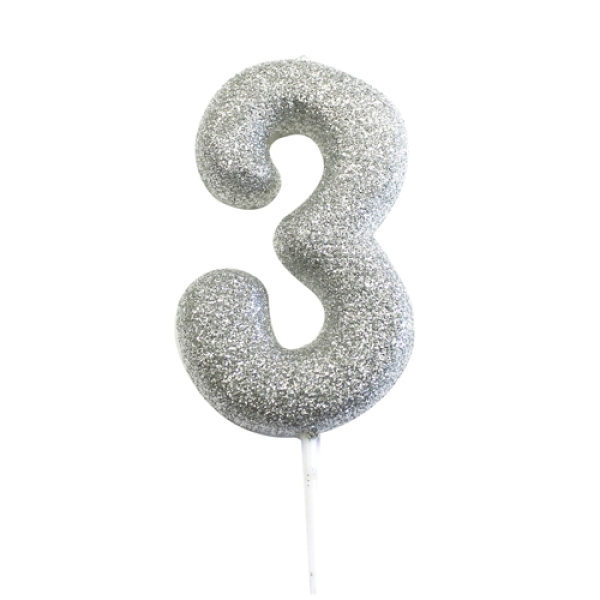 Geburtstagskerze "Zahl 3", Silber, 7 cm