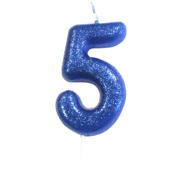 Geburtstagskerze "Zahl 5", Blau mit Glitzer, 7 cm