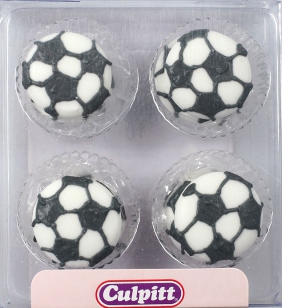 Zuckerdekor "Fußball", 10 Stück, Schwarz & Weiß, handgespritzt & Azo-frei, 2,5 cm, Culpitt