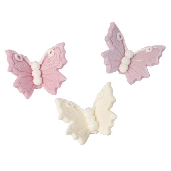 Zuckerdekor "Schmetterling", 18 Stück (3 Designs), Lila, Rosa & Weiß/Creme, handgespritzt, 4 cm, Culpitt