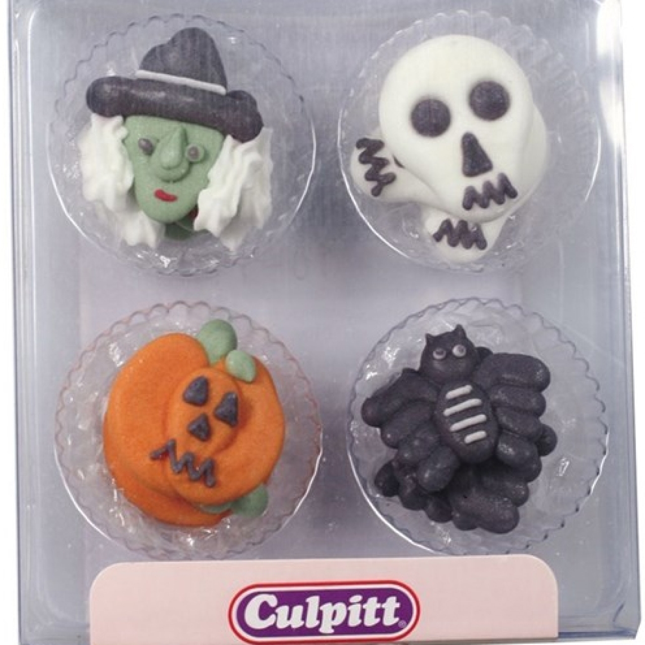 Culpitt Zuckerdekor "Halloween", 10 Stück (4 Designs), Schwarz, Weiß, Orange & Grün, handgespritzt, 2,5 cm