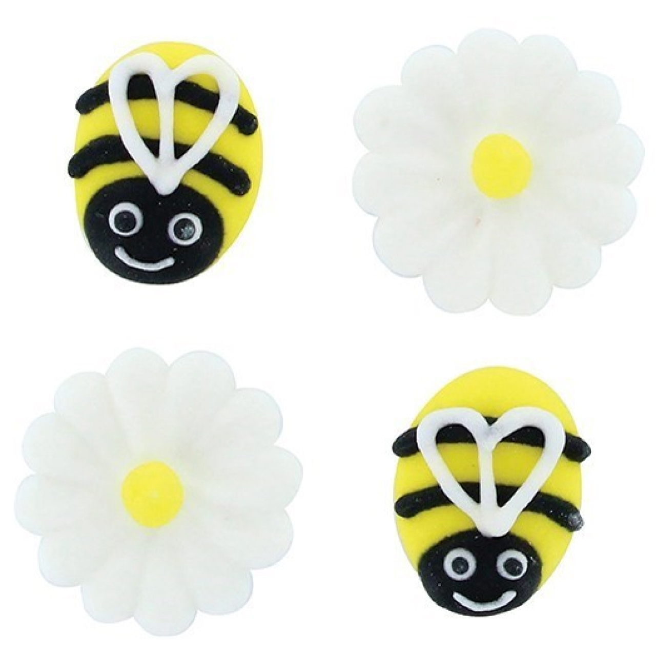 Tortendekor "Bienen & Gänseblümchen", aus Royal Icing, 10-teilig, Weiß, Gelb & Schwarz, ca. 2,5 cm, CULPITT