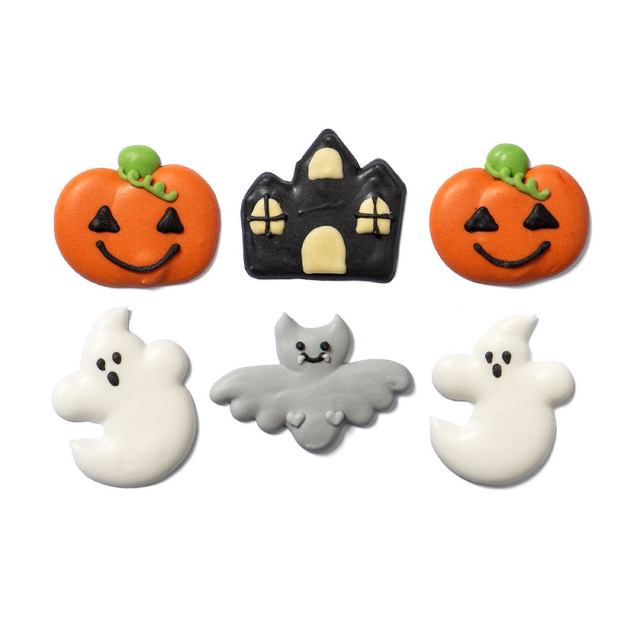 Zuckerdekor "Halloween", 6 Stück (4 Designs), Orange, Schwarz, Weiß & Grau, handgespritzt, 3-4,5 cm, Decora