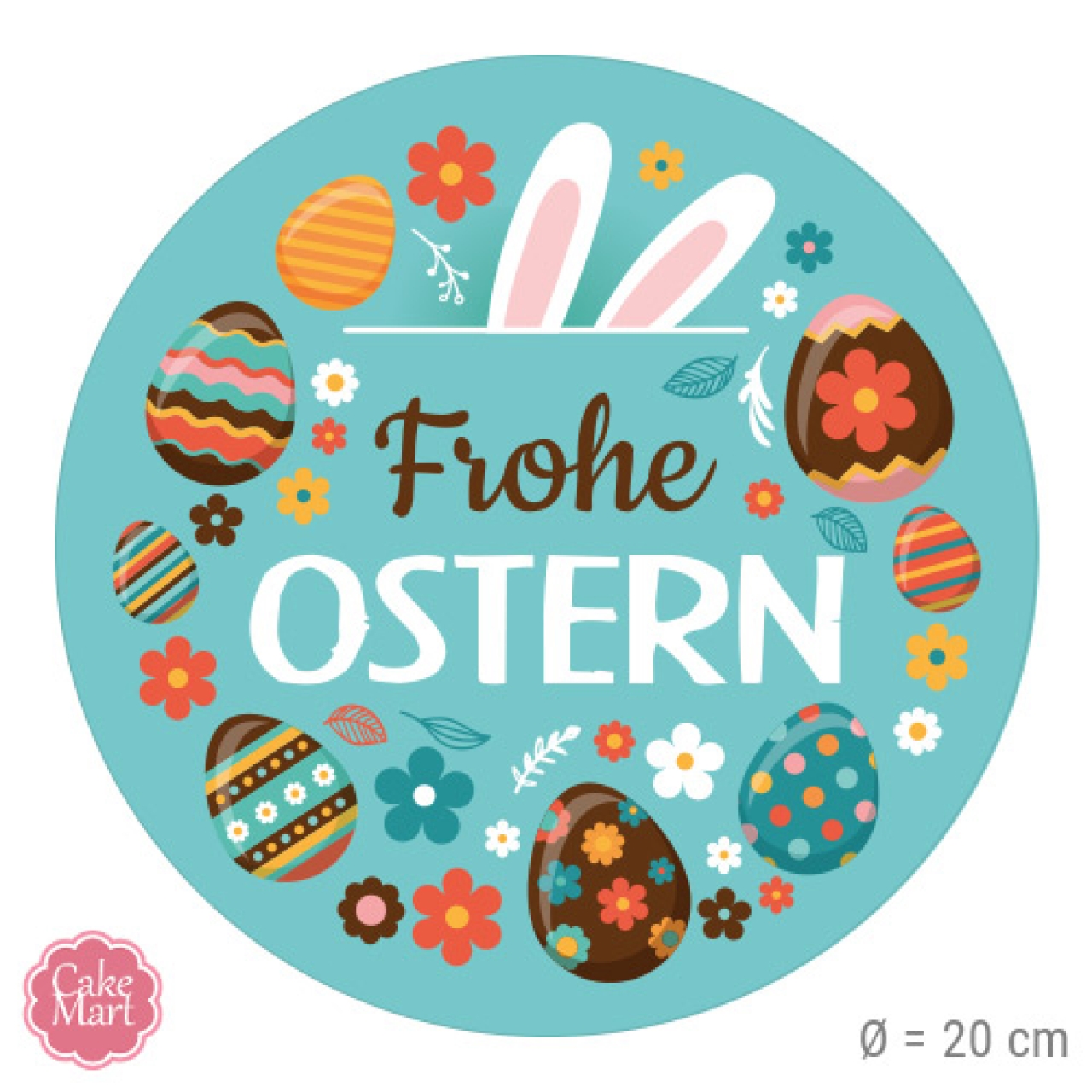 Tortenaufleger "Frohe Ostern & Hasenohren", aus Oblate, farbig, rund, 20 cm, CAKEMART