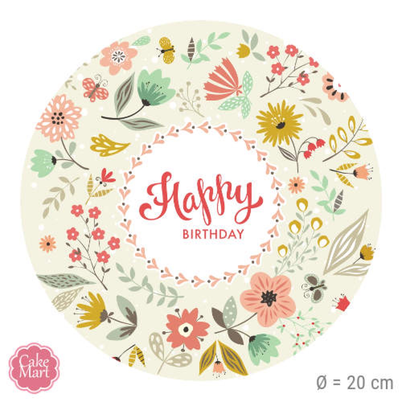 Tortenaufleger "Happy Birthday" mit Blumen, rund, 20 cm