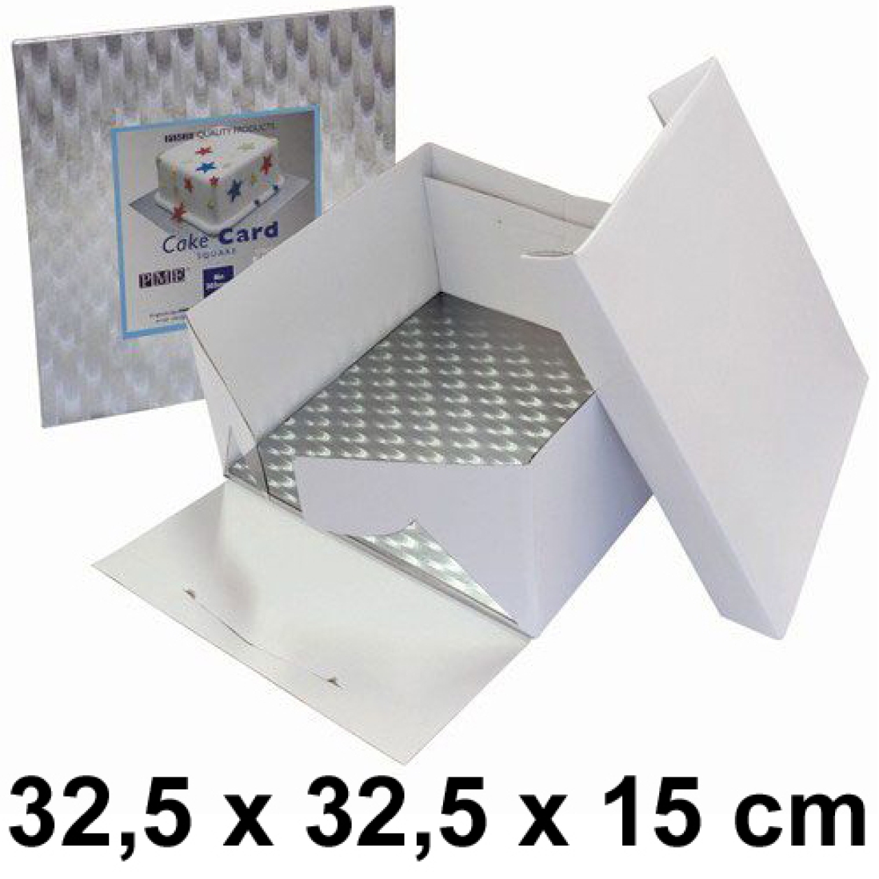 Tortenkarton mit Tortenscheibe, quadratisch, 32,5 x 32,5 x 15 cm