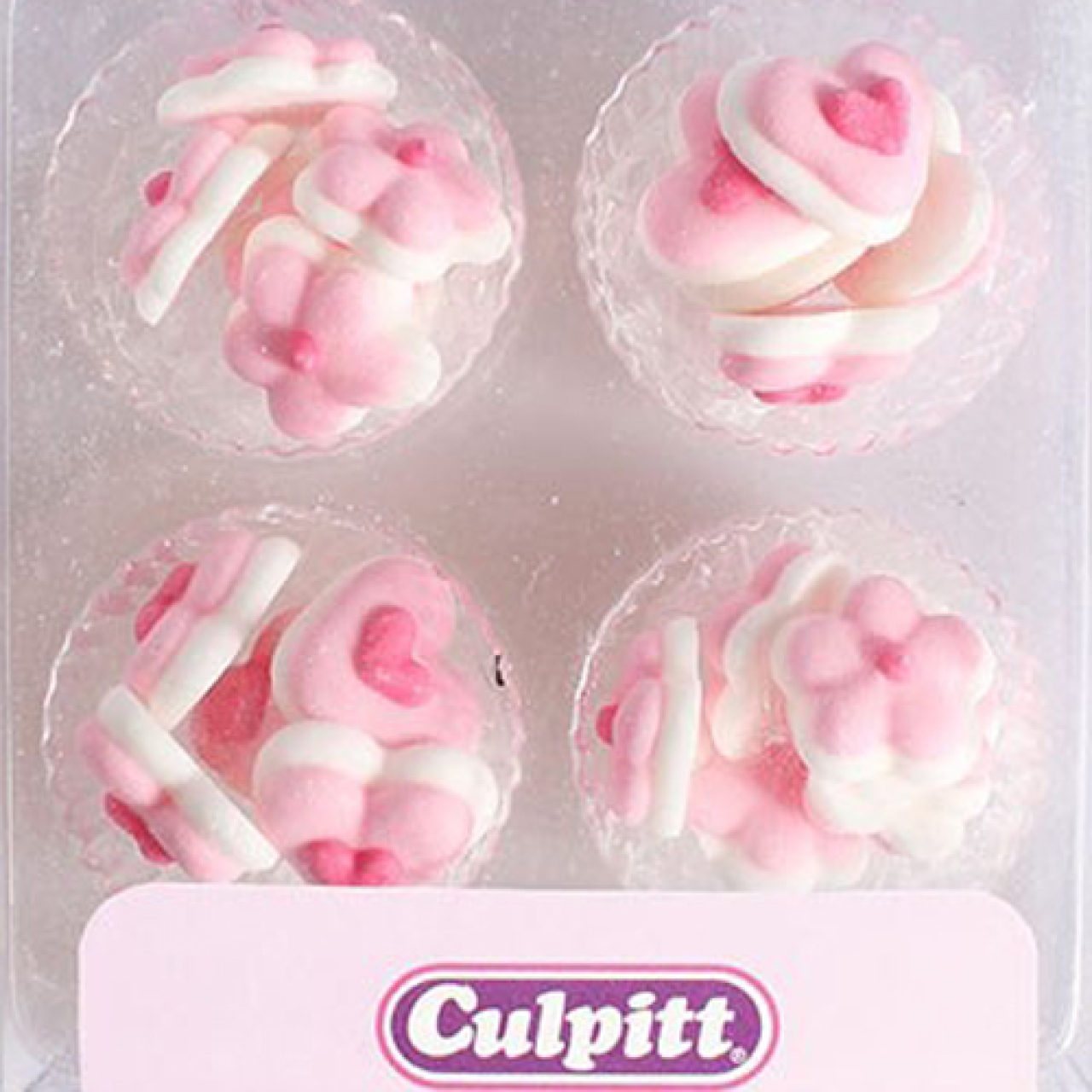 Zuckerdekor "Herzen & Blumen", 24 Stück (2 Designs), Weiß, Rosa & Pink, handgespritzt, 1,8 cm, Culpitt