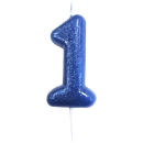 Geburtstagskerze "Zahl 1", Blau mit Glitzer, 7 cm